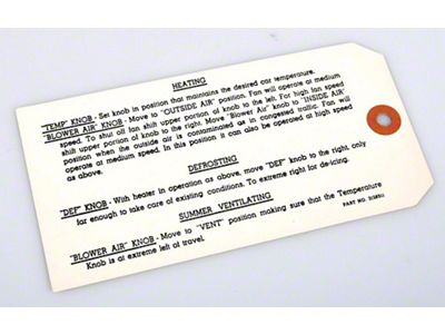 Chevy Standard Heater Instruction Tag, 1953-1954