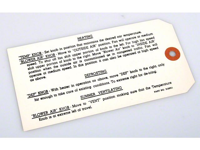 Chevy Standard Heater Instruction Tag, 1953-1954