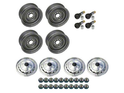 Chevy 14X6 Steel Wheels & Hub Cap Set, 1957