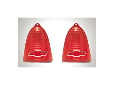 Chevy Taillight Lenses, Red, With Chrome Bowtie Logo, 1955