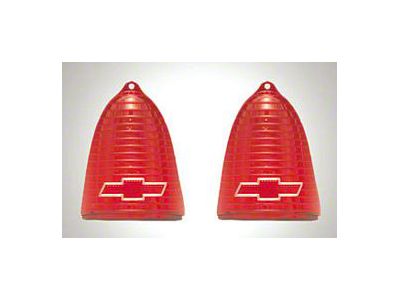 Chevy Taillight Lenses, Red, With Chrome Bowtie Logo, 1955