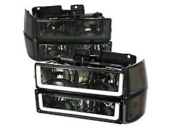 LED Strip Factory Style Headlights with Bumper and Corner Lights; Chrome Housing; Smoked Lens (94-00 C/K1500/2500/3500 w/ Factory Composite Headlights)