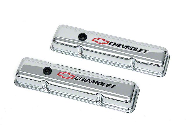 Chevy Truck Valve Covers, Small Block, With Baffle, Short Design, Chrome, With Chevrolet Script & Bowtie Logo, 1955-1986