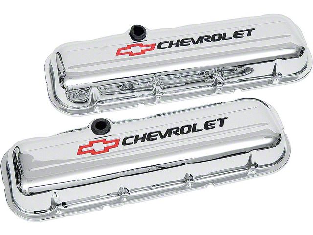 Chevy Valve Covers, Big Block, With Baffle, Short Design, Chrome, With Chevrolet Script & Bowtie Logo, 1955-1957