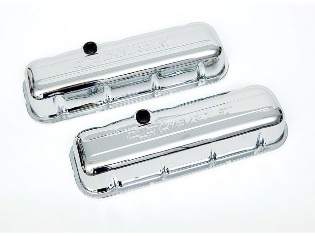 Chevy Valve Covers, Big Block, With Baffle, Tall Design, Chrome, With Chevrolet Script & Bowtie Logo, 1955-1957