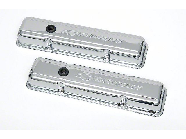 Chevy Valve Covers, Small Block, With Baffle, Short Design,Chrome, With Chevrolet Script & Bowtie Logo, 1955-1957