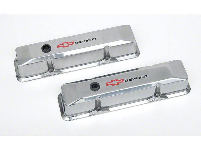 Chevy Valve Covers, Small Block, With Baffle, Tall Design, Polished Aluminum, With Chevrolet Script & Bowtie Logo, 1955-1957