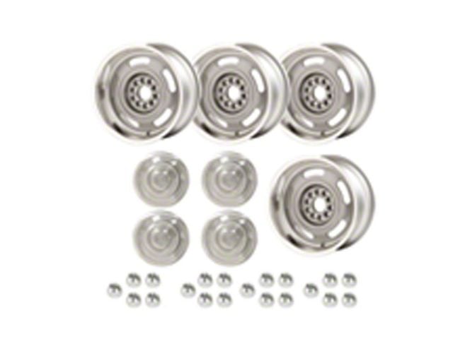 Classic Chevy - Rally Wheel Kit, 1-Piece Cast Aluminum With Plain Flat No Lettering Center Caps, 17x8