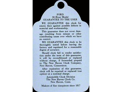 Clock Warranty Tag New Haven - Ford Passenger