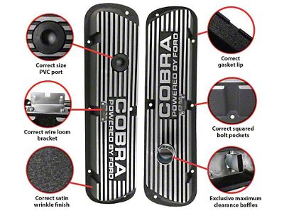 Cobra Valve Covers, Solid Letters, Black Satin Wrinkle Finish, Small-Block Ford Without EFI (Small-Block Ford, without EFI)