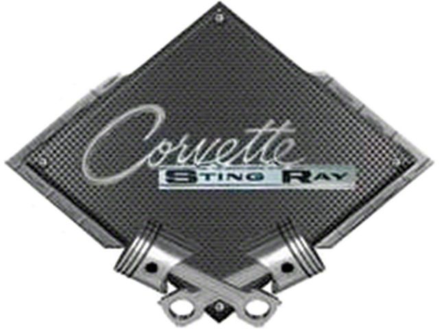 Corvette 1963-1965 Stingray Emblem Metal Sign, Black CarbonFiber, Crossed Pistons, 25 X 19