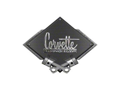 Corvette 1966-1967 Stingray Emblem Metal Sign, Black CarbonFiber, Crossed Pistons, 25 X 19
