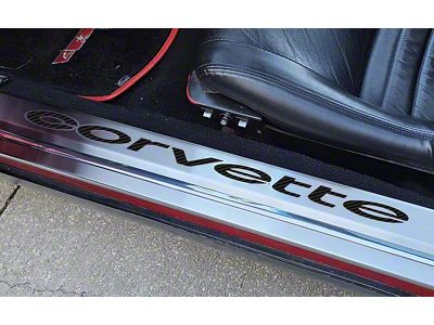 Brushed Stainless Door Sills with Corvette Lettering; Black Carbon Fiber (78-82 Corvette C3)