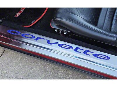 Brushed Stainless Door Sills with Corvette Lettering; Blue Carbon Fiber (78-82 Corvette C3)