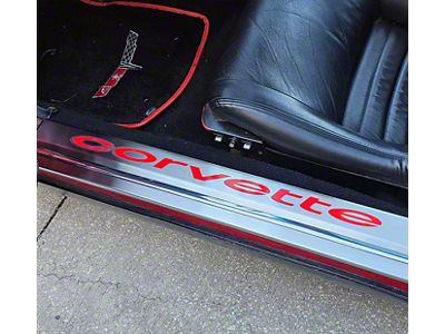 Brushed Stainless Door Sills with Corvette Lettering; Red Carbon Fiber (78-82 Corvette C3)