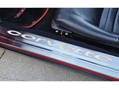 Brushed Stainless Door Sills with Corvette Lettering; White Carbon Fiber (78-82 Corvette C3)