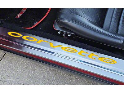 Brushed Stainless Door Sills with Corvette Lettering; Yellow Carbon Fiber (78-82 Corvette C3)