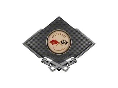 Corvette C1 1953-1955 Emblem Metal Sign, Black Carbon Fiber, Crossed Pistons, 25 X 19
