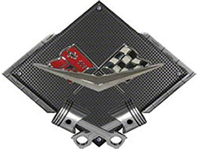 Corvette C1 1961 Emblem Metal Sign, Black Carbon Fiber, Crossed Pistons, 25 X 19