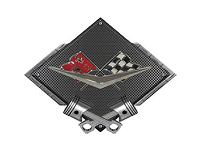 Corvette C1 1961 Emblem Metal Sign, Black Carbon Fiber, Crossed Pistons, 25 X 19