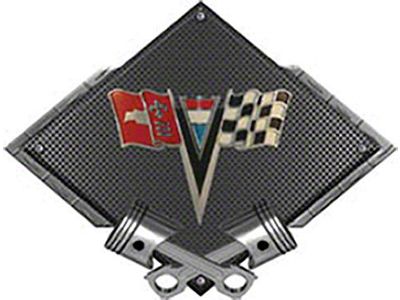 Corvette C2 1963-1964 Emblem Metal Sign, Black Carbon Fiber, Crossed Pistons, 25 X 19