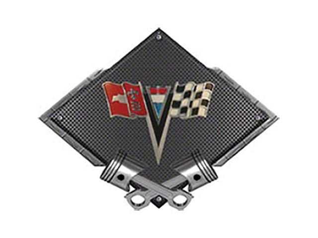 Corvette C2 1963-1964 Emblem Metal Sign, Black Carbon Fiber, Crossed Pistons, 25 X 19