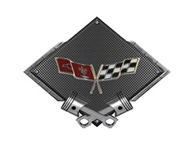 Corvette C3 1977-1979 Crossed Flags Emblem Metal Sign, Black Carbon Fiber, Crossed Pistons, 25 X 19