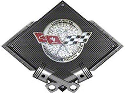 Corvette C3 1978 Anniversary Emblem Metal Sign, Black Carbon Fiber, Crossed Pistons, 25 X 19