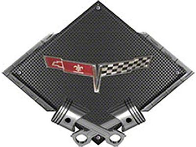 Corvette C3 1980 Emblem Metal Sign, Black Carbon Fiber, Crossed Pistons, 25 X 19