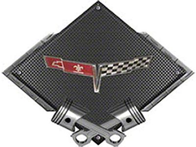 Corvette C3 1980 Emblem Metal Sign, Black Carbon Fiber, Crossed Pistons, 25 X 19