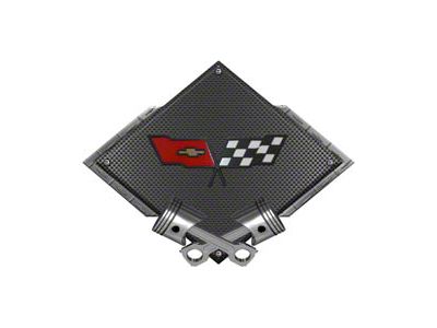 Corvette C3 1982 Emblem Metal Sign, Black Carbon Fiber, Crossed Pistons, 25 X 19