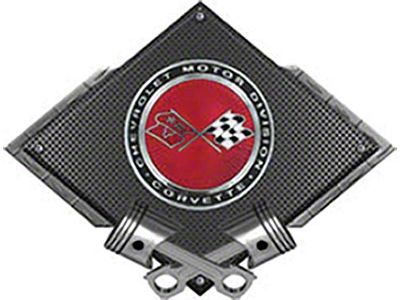 Corvette C3 Crossed Flags Sunburst Emblem Metal Sign, BlackCarbon Fiber, Crossed Pistons, 25 X 19