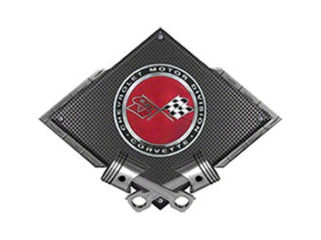 Corvette C3 Crossed Flags Sunburst Emblem Metal Sign, BlackCarbon Fiber, Crossed Pistons, 25 X 19