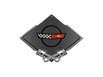 Corvette C4 1984-1990 Emblem Metal Sign, Black Carbon Fiber, Crossed Pistons, 25 X 19