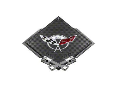 Corvette C5 2003 50th Anniversary Emblem Metal Sign, Black Carbon Fiber, Crossed Pistons, 25 X 19