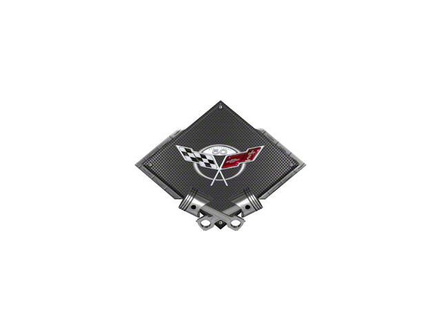 Corvette C5 2003 50th Anniversary Emblem Metal Sign, Black Carbon Fiber, Crossed Pistons, 25 X 19