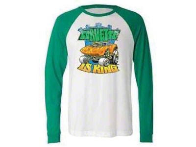 Corvette T-Shirt, Long Sleeve, Baseball Vintage Style, Corvette Is King, White/Kelly Green