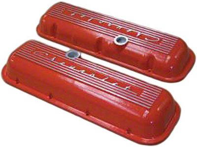 Corvette Valve Covers, Big Block, Aluminum, Finned, With Orange Powder Coated Finish, 1965-1974