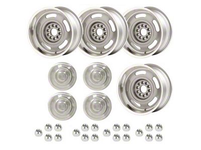 Early Chevy 49-54 - Rally Wheel Kit, 1-Piece Cast Aluminum With Plain Flat No Lettering Center Caps, Staggered 17x8 And 17x9