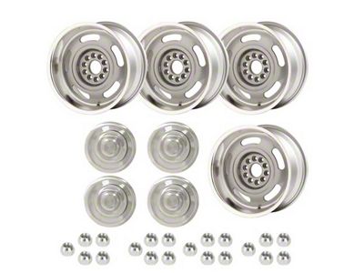 Early Chevy 49-54 - Rally Wheel Kit, 1-Piece Cast Aluminum With Plain Flat No Lettering Center Caps, 17x9