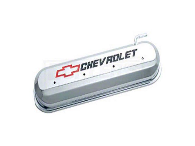 Early Chevy Valve Cover, LS V8 Conversion, Chrome With Recessed Red And Black Emblems, 1949-1954