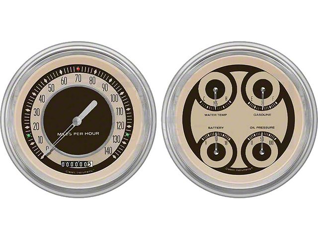 Early Chevy Classic Instruments Nostalgia VT Series Analog Gauge Kit, Five Inch, Tan Face With Chrome Pointers, 1951-1952