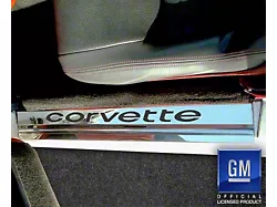 Stainless Door Sill Plates with Corvette Inlay; Black Carbon Fiber (78-82 Corvette C3)