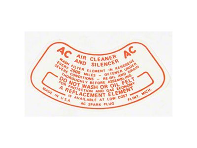 El Camino Air Cleaner Service Instruction Decal, V8 With 2 Barrel Carburetor, 1959-1960