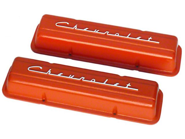 El Camino Aluminum Valve Covers, Small Block, Orange Powder Coated, With Chevrolet Script, 1964-83