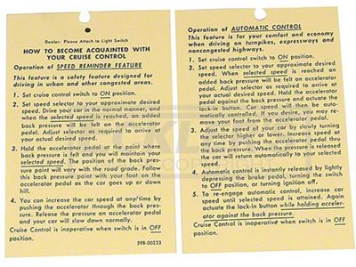 El Camino Cruise Control Instruction Tag, 1970-1974