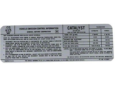 El Camino Emission Decal, 200 c.i. 3.3 Automatic Or Manual Transmission, Code CD, 1978