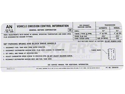 El Camino Emission Decal, 250 c.i. 1 Barrel, Automatic Or Manual Transmission, Code AN, 1971