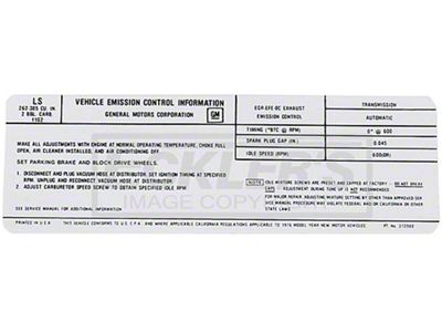 El Camino Emission Decal, 262-305 c.i. 2 Barrel, Automatic Or Manual Transmission, Code LS, 1976