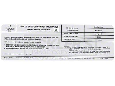 El Camino Emission Decal, 262-305 c.i. 2 Barrel, Automatic Or Manual Transmission, Code LS, 1976